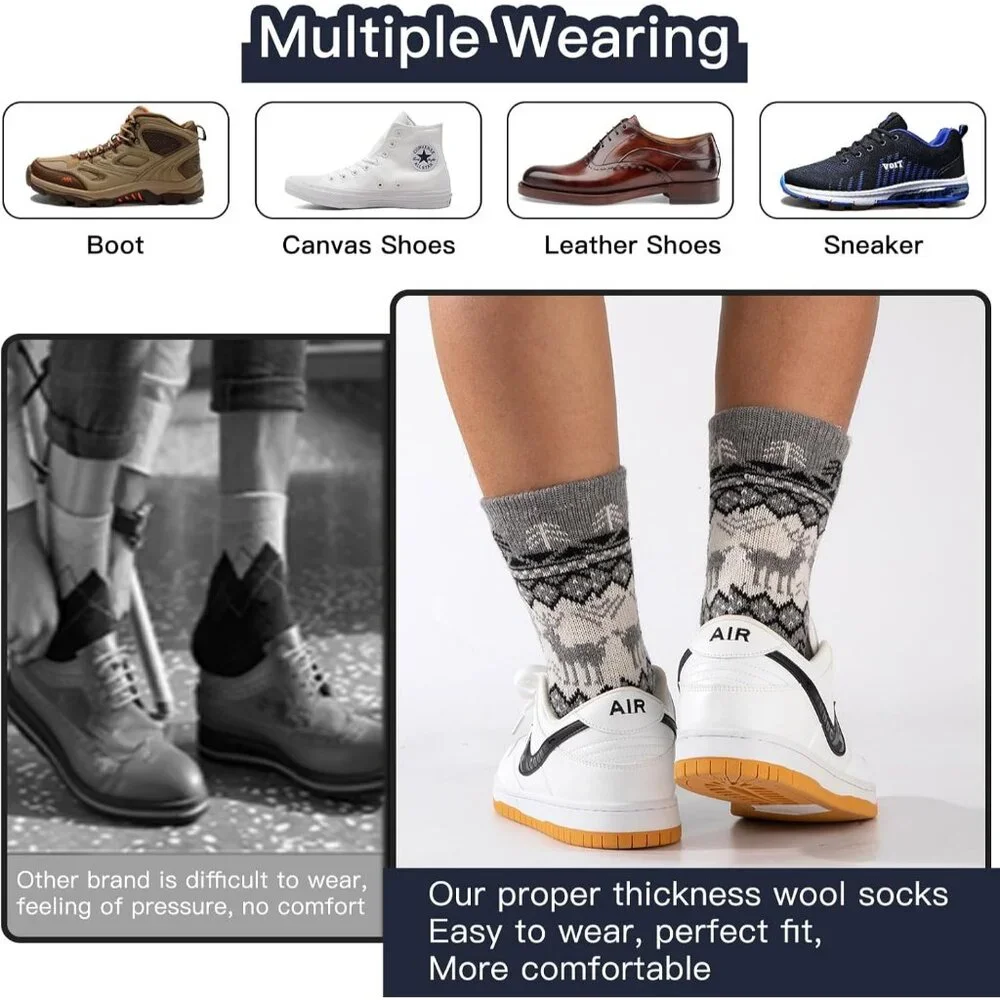 Wool Socks Mens Warm Winter Thermal Thick Pattern Crew Socks for Cold Weather 5 - Picture 6 of 6